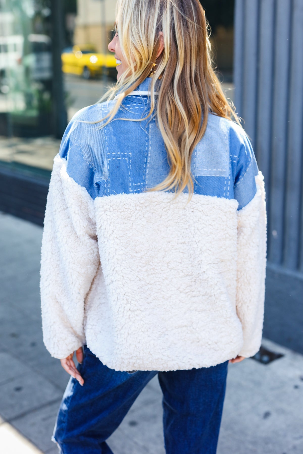 Good Vibes Denim & Ivory Patchwork Sherpa Half Zip Pullover - Bitsy Gypsy Boutique