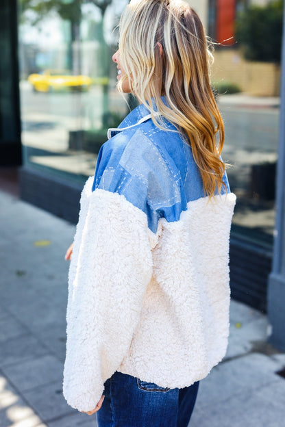 Good Vibes Denim & Ivory Patchwork Sherpa Half Zip Pullover - Bitsy Gypsy Boutique