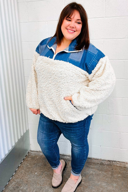 Good Vibes Denim & Ivory Patchwork Sherpa Half Zip Pullover - Bitsy Gypsy Boutique