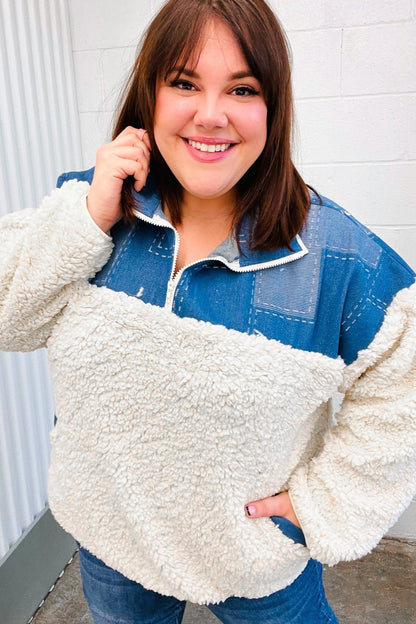 Good Vibes Denim & Ivory Patchwork Sherpa Half Zip Pullover - Bitsy Gypsy Boutique