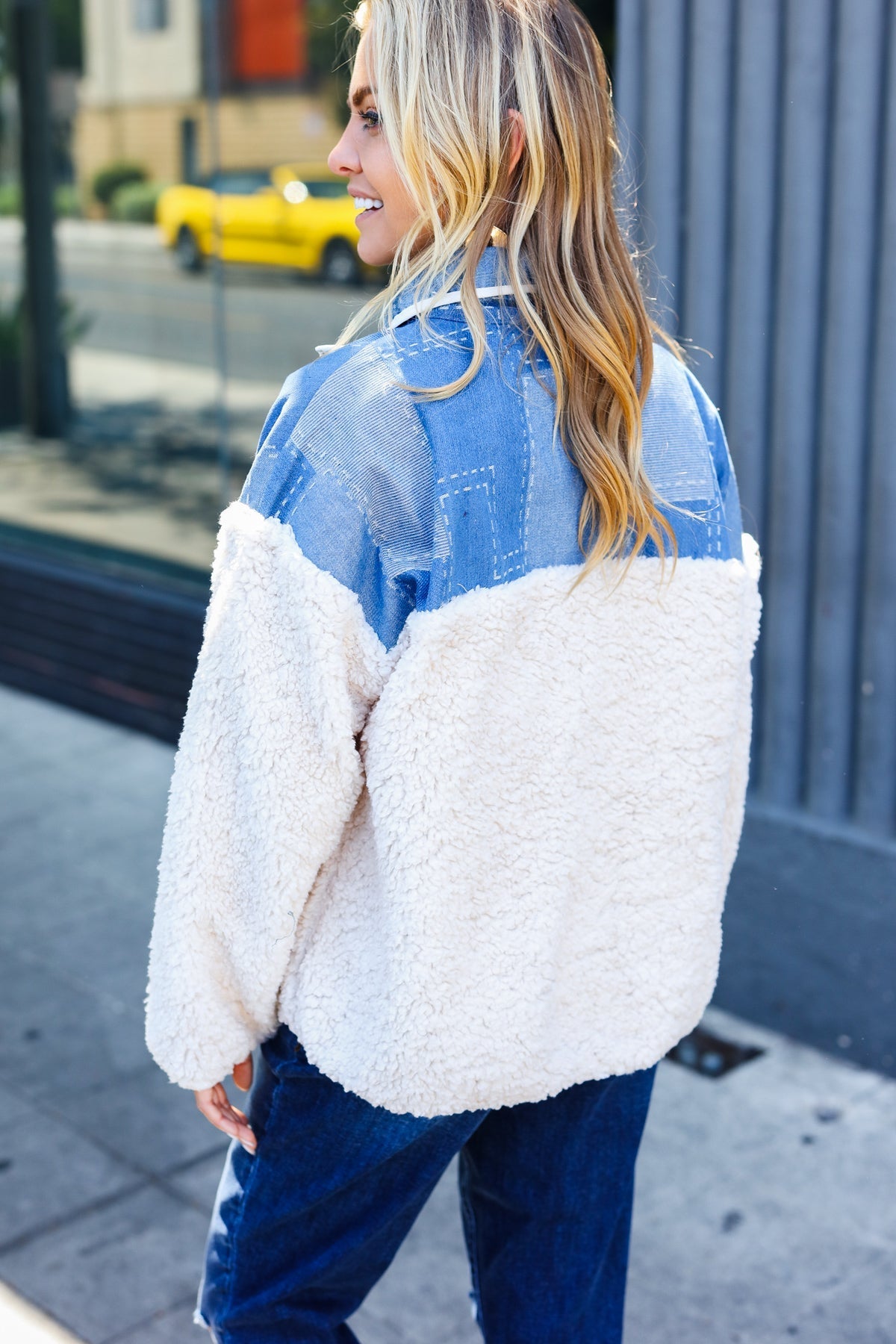 Good Vibes Denim & Ivory Patchwork Sherpa Half Zip Pullover - Bitsy Gypsy Boutique