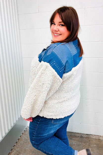 Good Vibes Denim & Ivory Patchwork Sherpa Half Zip Pullover - Bitsy Gypsy Boutique