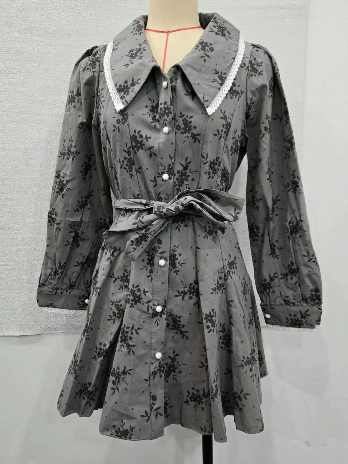 Gray Floral Print Puff Sleeve Button Front Mini Dress - Bitsy Gypsy Boutique