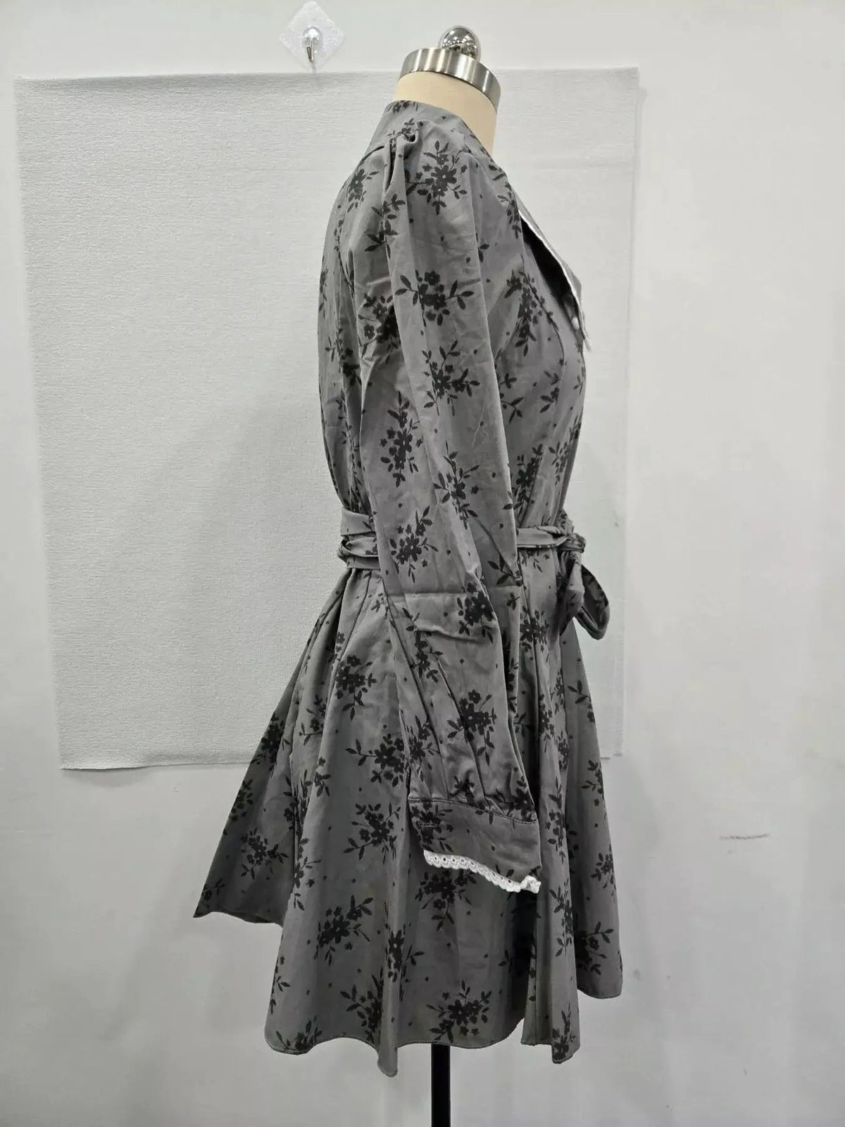 Gray Floral Print Puff Sleeve Button Front Mini Dress - Bitsy Gypsy Boutique