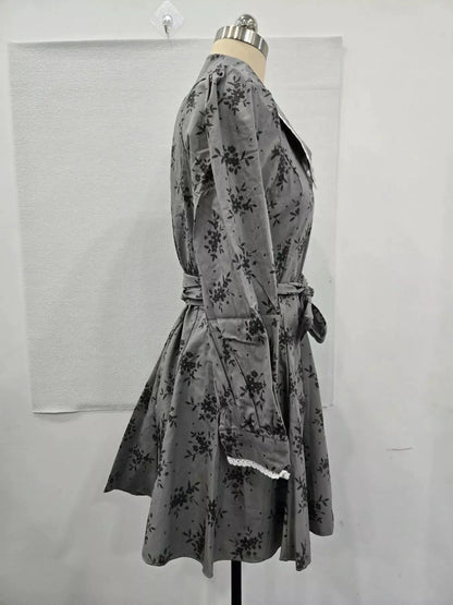 Gray Floral Print Puff Sleeve Button Front Mini Dress - Bitsy Gypsy Boutique