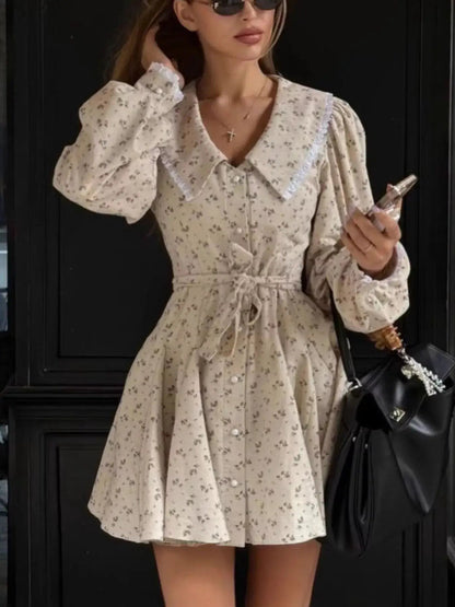 Gray Floral Print Puff Sleeve Button Front Mini Dress - Bitsy Gypsy Boutique