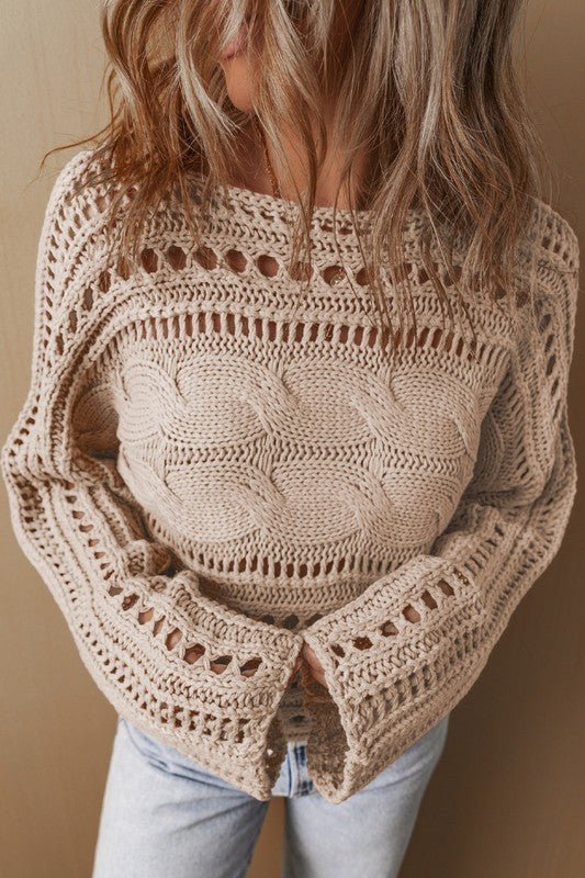 Gray Hollow - out Cable Knit Cropped Sweater - Bitsy Gypsy Boutique