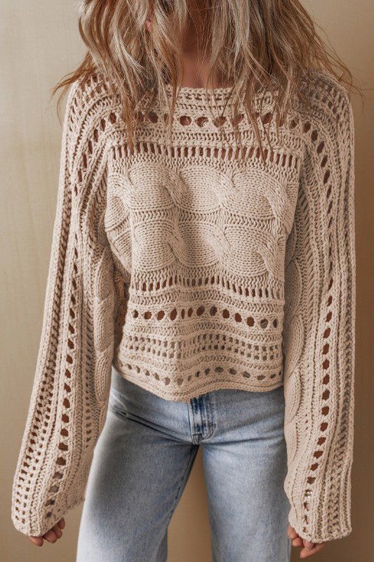 Gray Hollow - out Cable Knit Cropped Sweater - Bitsy Gypsy Boutique