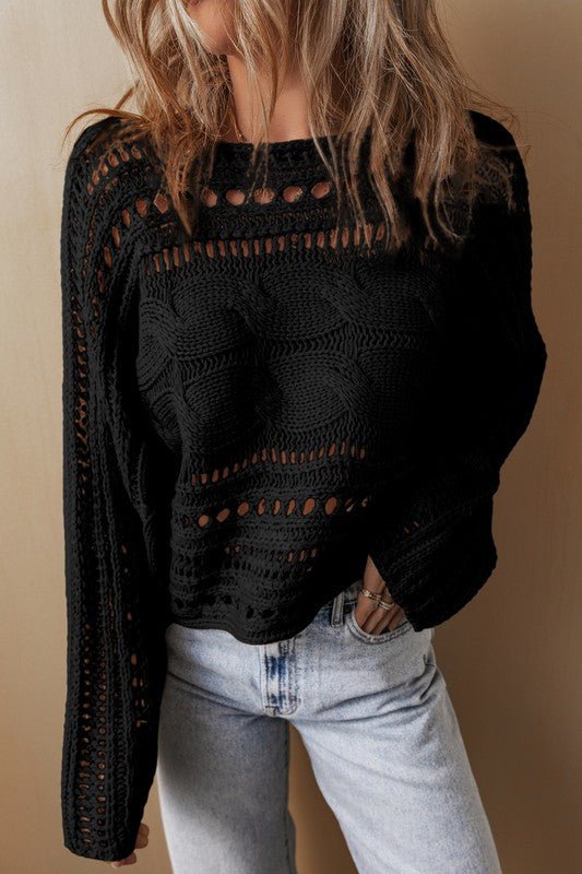 Gray Hollow - out Cable Knit Cropped Sweater - Bitsy Gypsy Boutique