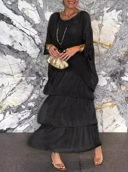 Gray Layered Batwing Sleeve Tiered Maxi Dress - Bitsy Gypsy Boutique