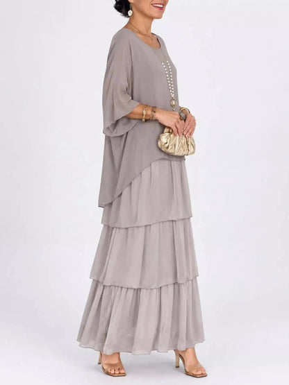Gray Layered Batwing Sleeve Tiered Maxi Dress - Bitsy Gypsy Boutique