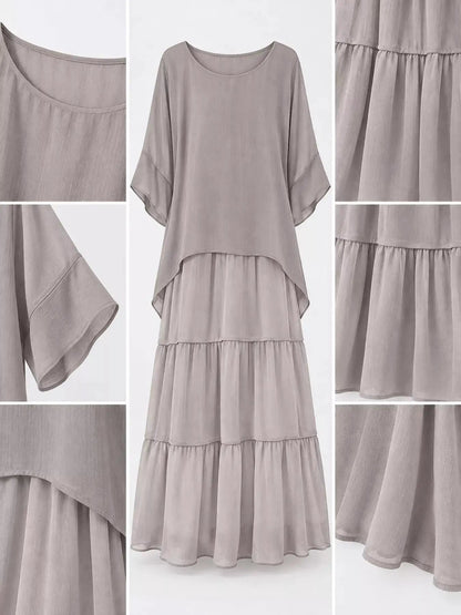 Gray Layered Batwing Sleeve Tiered Maxi Dress - Bitsy Gypsy Boutique