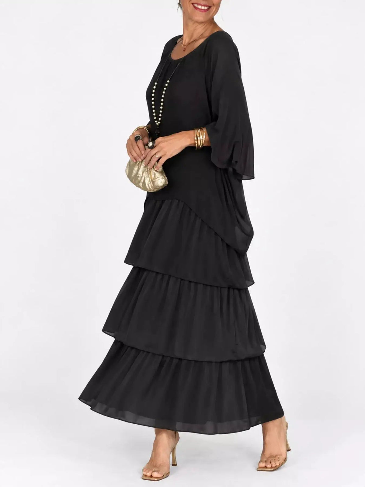 Gray Layered Batwing Sleeve Tiered Maxi Dress - Bitsy Gypsy Boutique