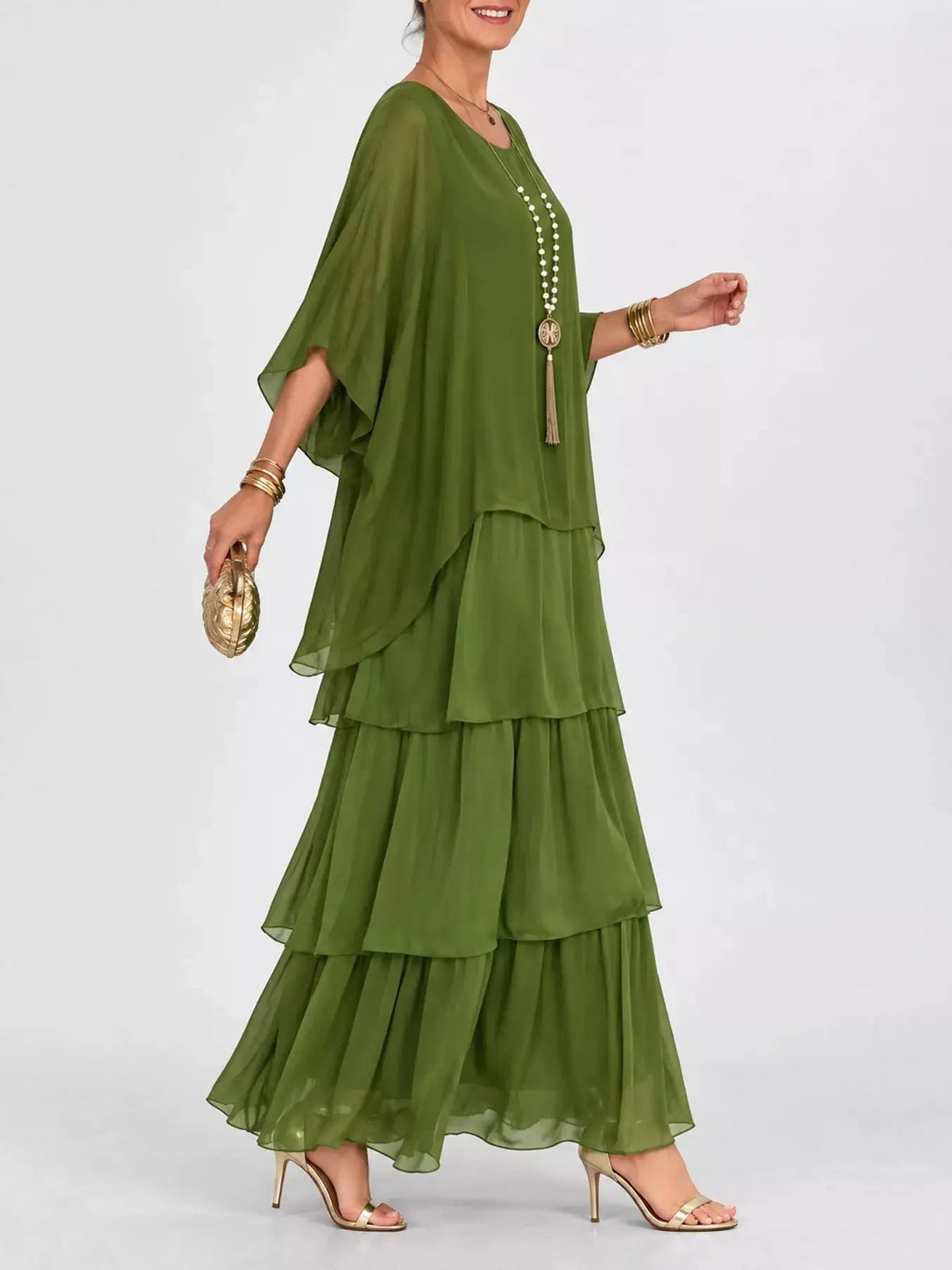Gray Layered Batwing Sleeve Tiered Maxi Dress - Bitsy Gypsy Boutique