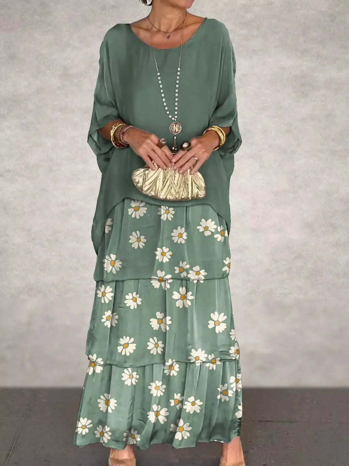 Gray Layered Batwing Sleeve Tiered Maxi Dress - Bitsy Gypsy Boutique