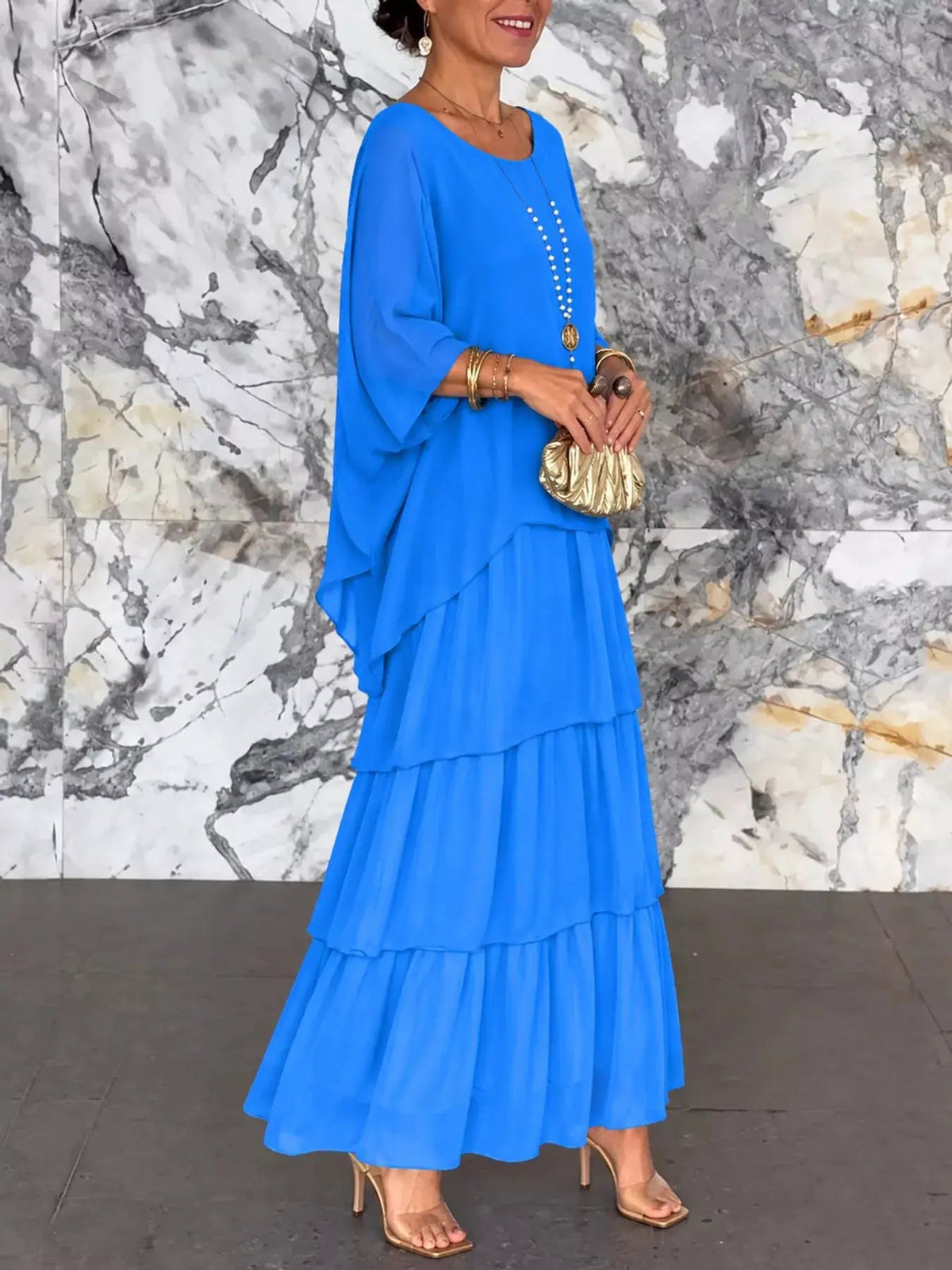 Gray Layered Batwing Sleeve Tiered Maxi Dress - Bitsy Gypsy Boutique
