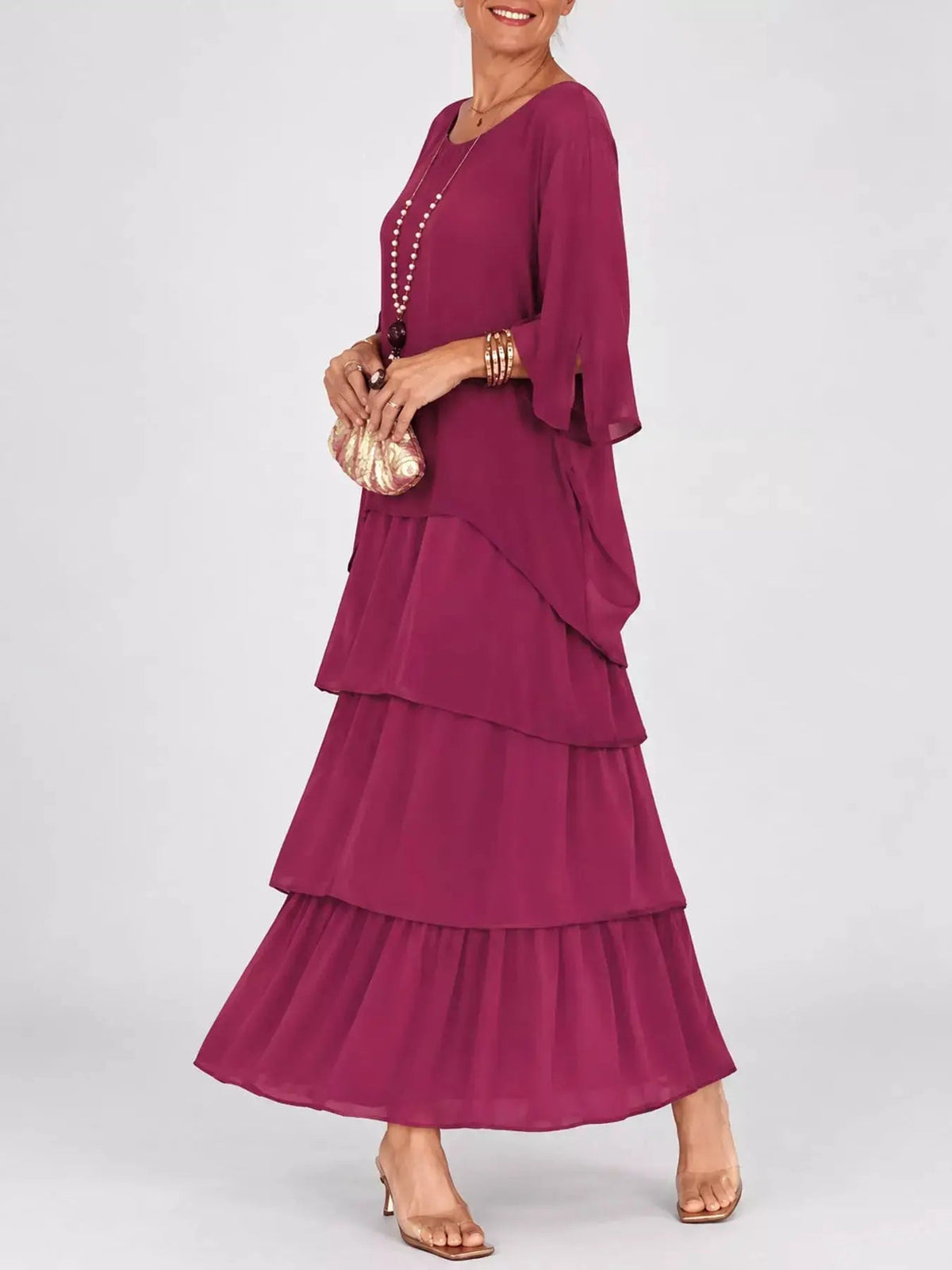 Gray Layered Batwing Sleeve Tiered Maxi Dress - Bitsy Gypsy Boutique