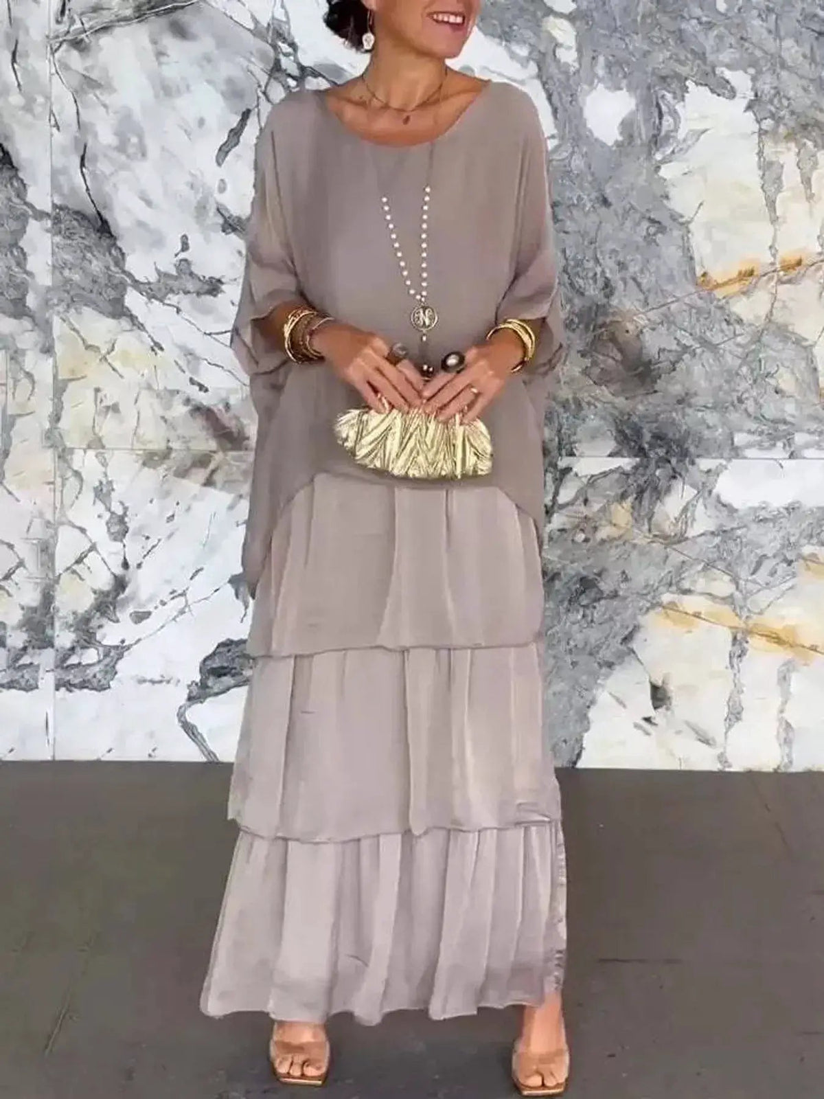 Gray Layered Batwing Sleeve Tiered Maxi Dress - Bitsy Gypsy Boutique
