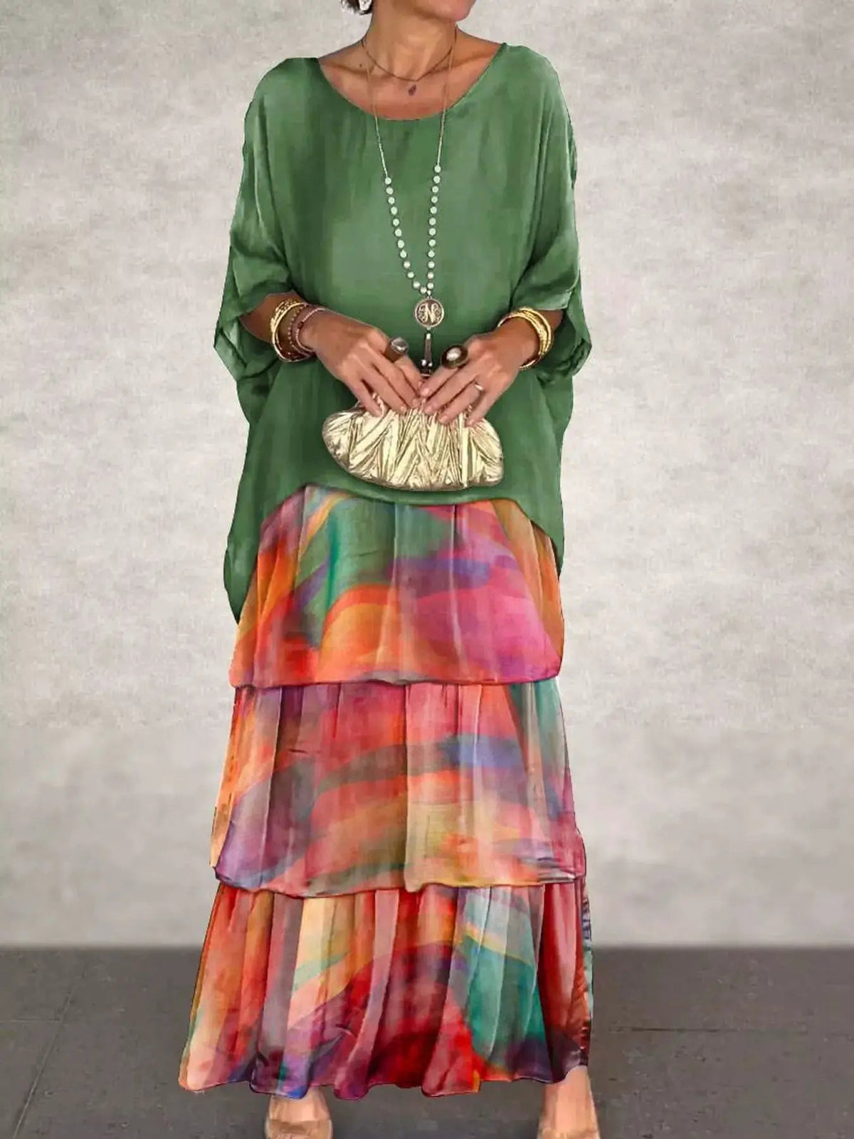 Gray Layered Batwing Sleeve Tiered Maxi Dress - Bitsy Gypsy Boutique