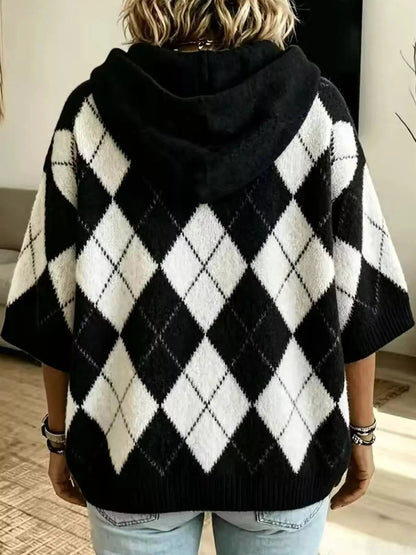 Green And White Argyle Oversized Drawstring Hoodie - Bitsy Gypsy Boutique
