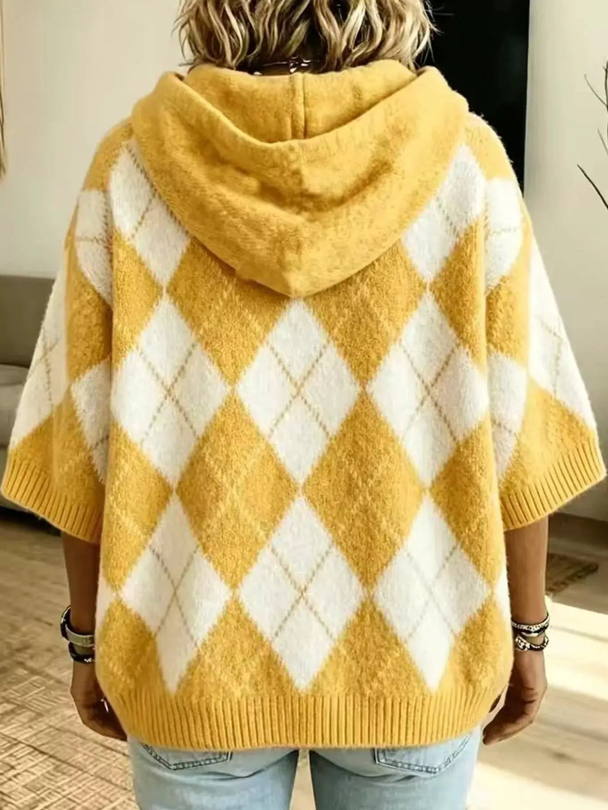 Green And White Argyle Oversized Drawstring Hoodie - Bitsy Gypsy Boutique