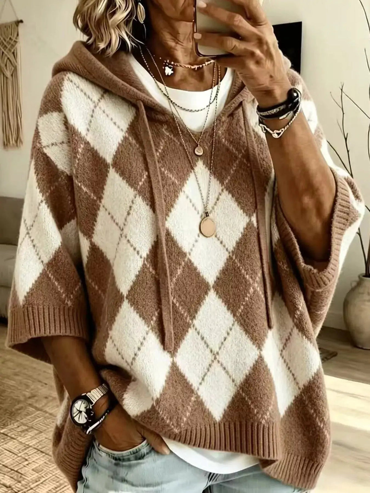 Green And White Argyle Oversized Drawstring Hoodie - Bitsy Gypsy Boutique