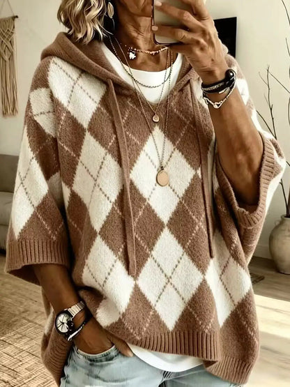Green And White Argyle Oversized Drawstring Hoodie - Bitsy Gypsy Boutique
