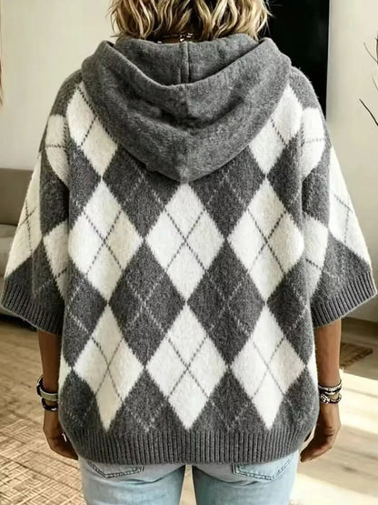 Green And White Argyle Oversized Drawstring Hoodie - Bitsy Gypsy Boutique