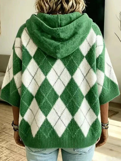 Green And White Argyle Oversized Drawstring Hoodie - Bitsy Gypsy Boutique