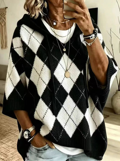 Green And White Argyle Oversized Drawstring Hoodie - Bitsy Gypsy Boutique