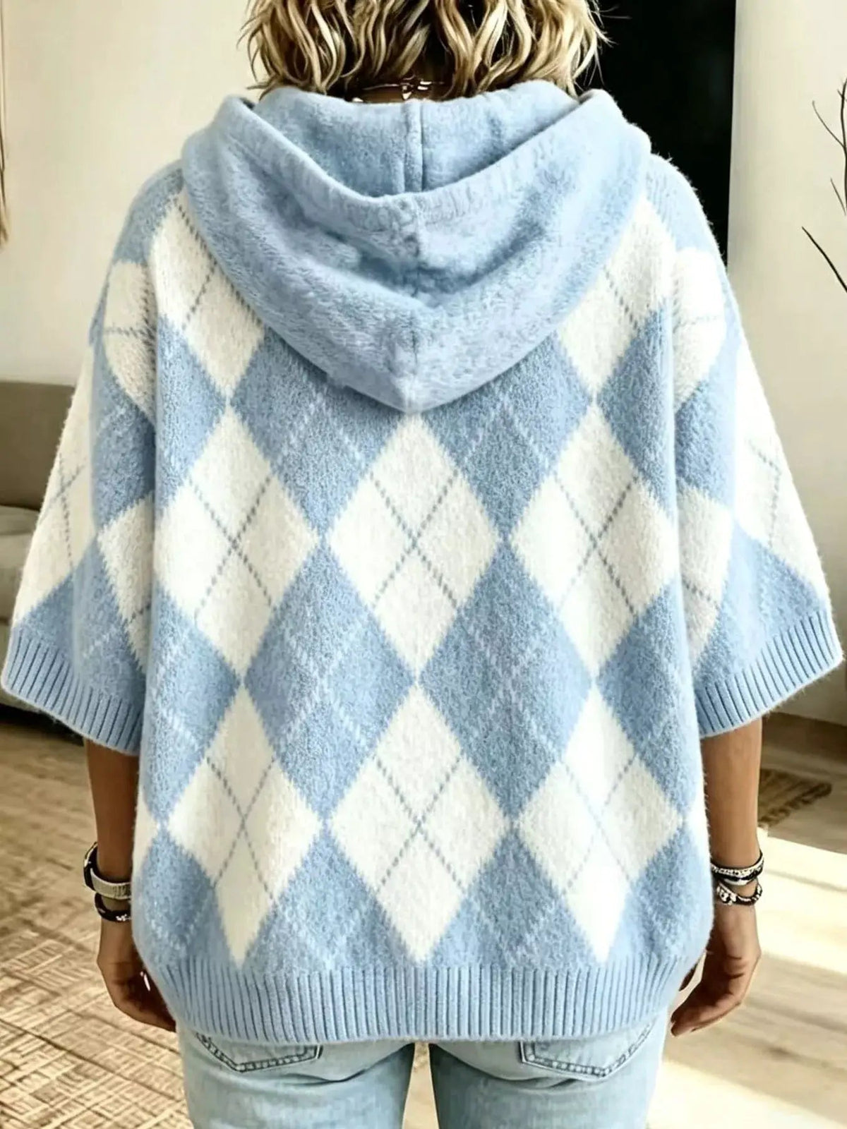 Green And White Argyle Oversized Drawstring Hoodie - Bitsy Gypsy Boutique