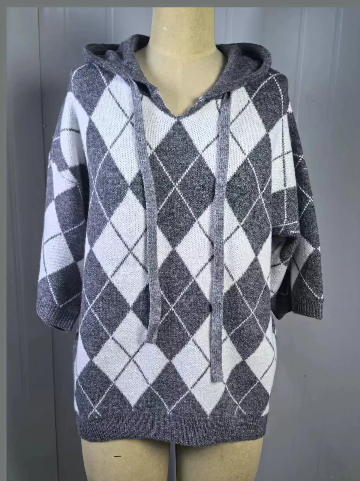 Green And White Argyle Oversized Drawstring Hoodie - Bitsy Gypsy Boutique