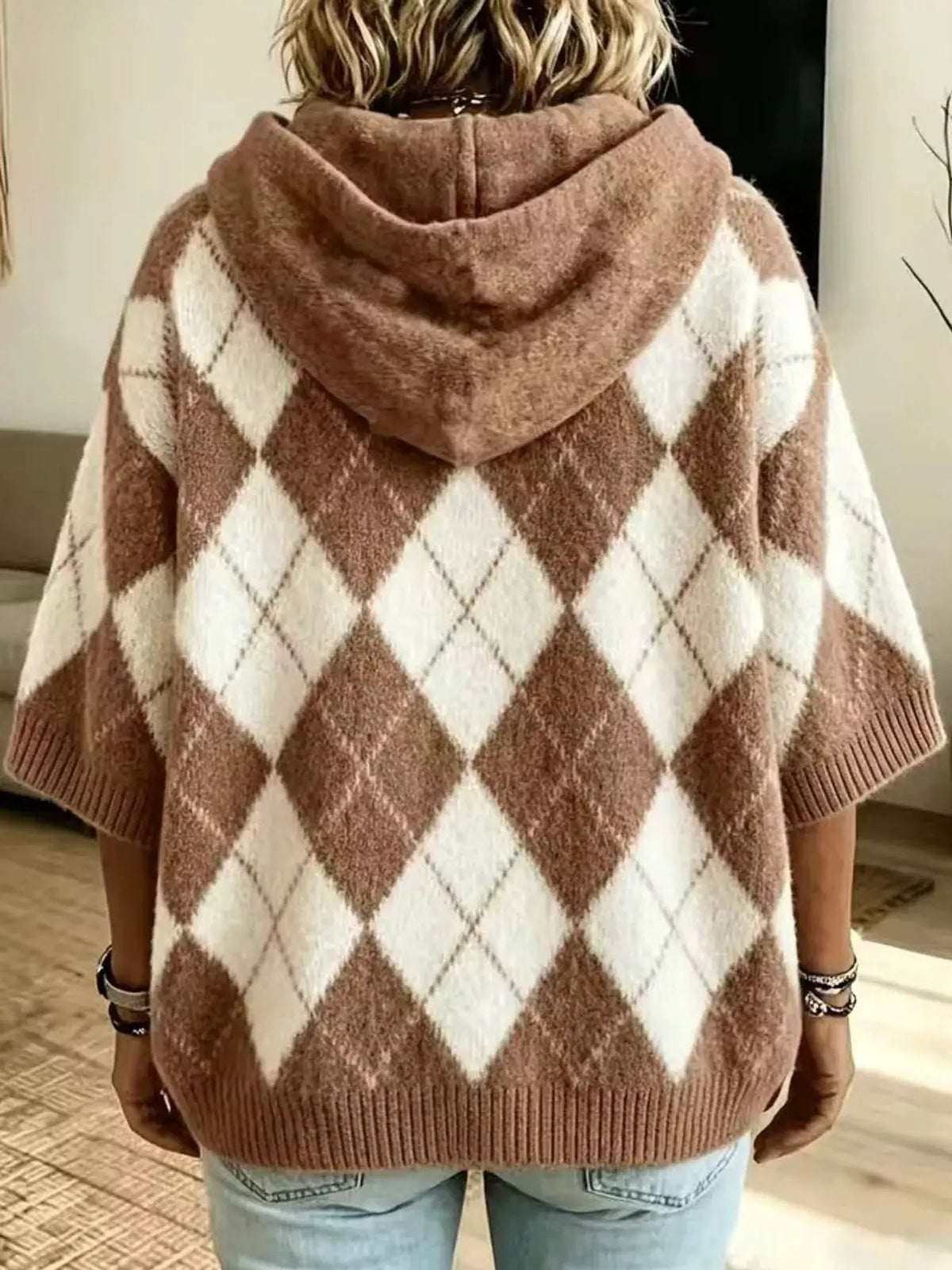 Green And White Argyle Oversized Drawstring Hoodie - Bitsy Gypsy Boutique