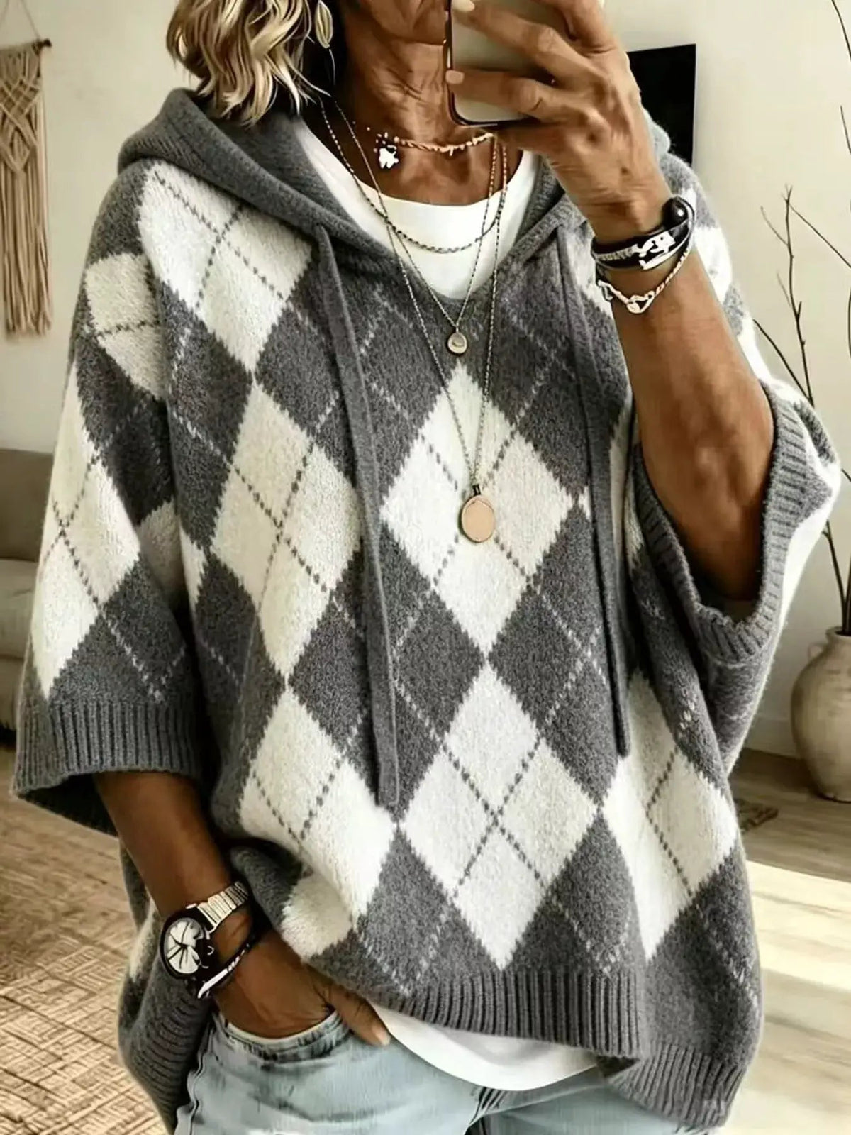 Green And White Argyle Oversized Drawstring Hoodie - Bitsy Gypsy Boutique