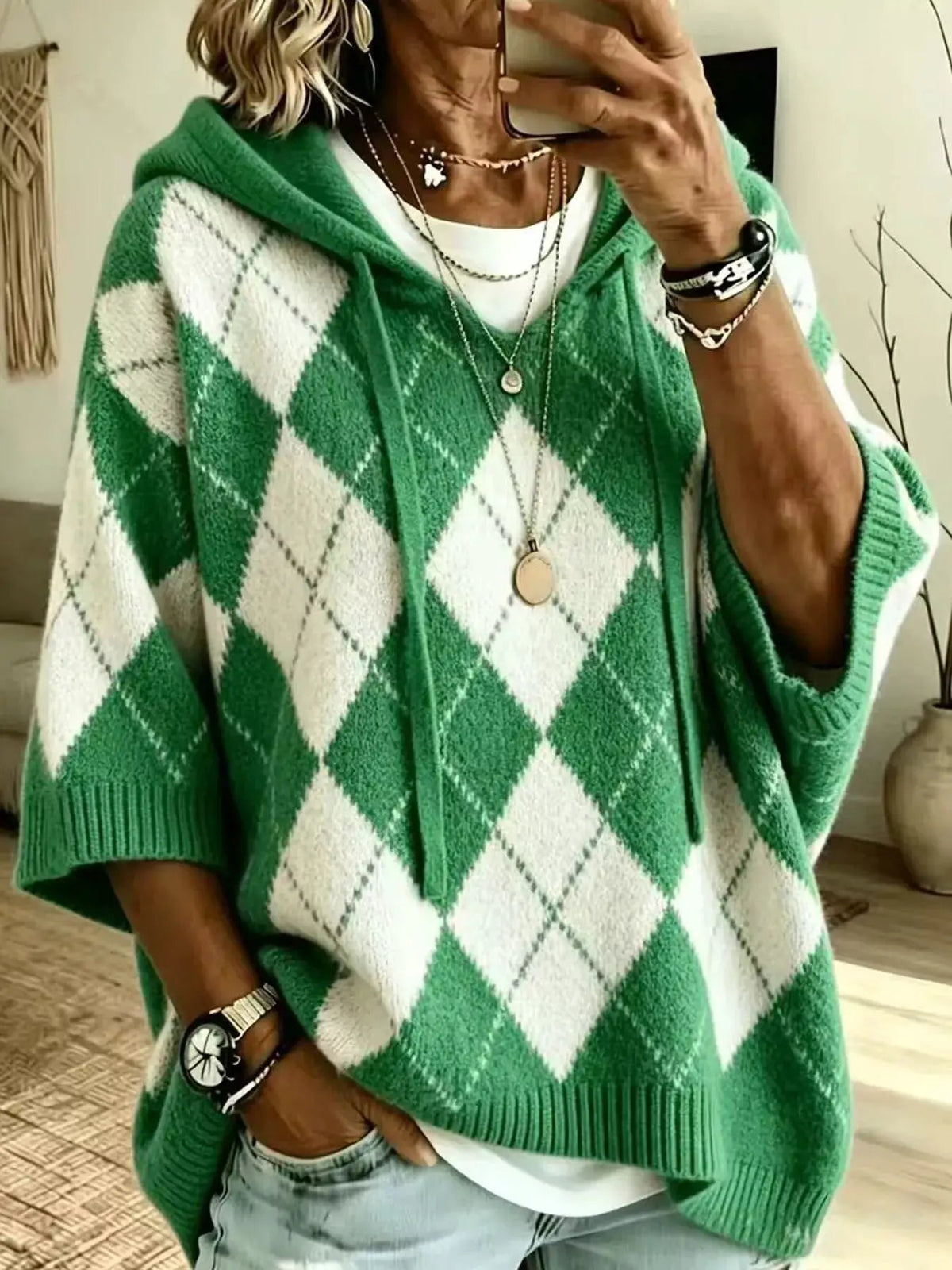 Green And White Argyle Oversized Drawstring Hoodie - Bitsy Gypsy Boutique