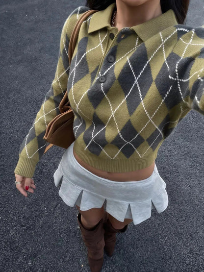 Green Argyle Button Front Collared Cropped Sweater - Bitsy Gypsy Boutique