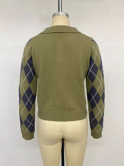 Green Argyle Button Front Collared Cropped Sweater - Bitsy Gypsy Boutique