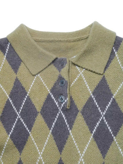 Green Argyle Button Front Collared Cropped Sweater - Bitsy Gypsy Boutique