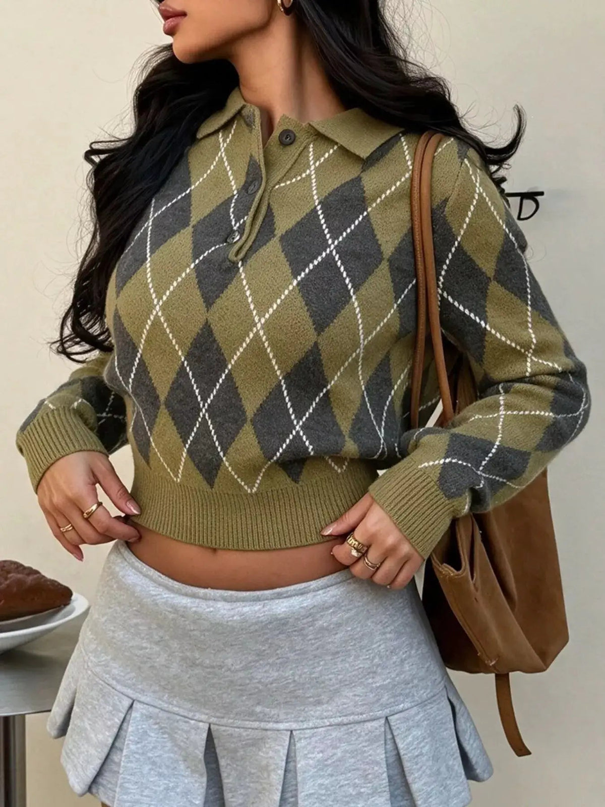 Green Argyle Button Front Collared Cropped Sweater - Bitsy Gypsy Boutique