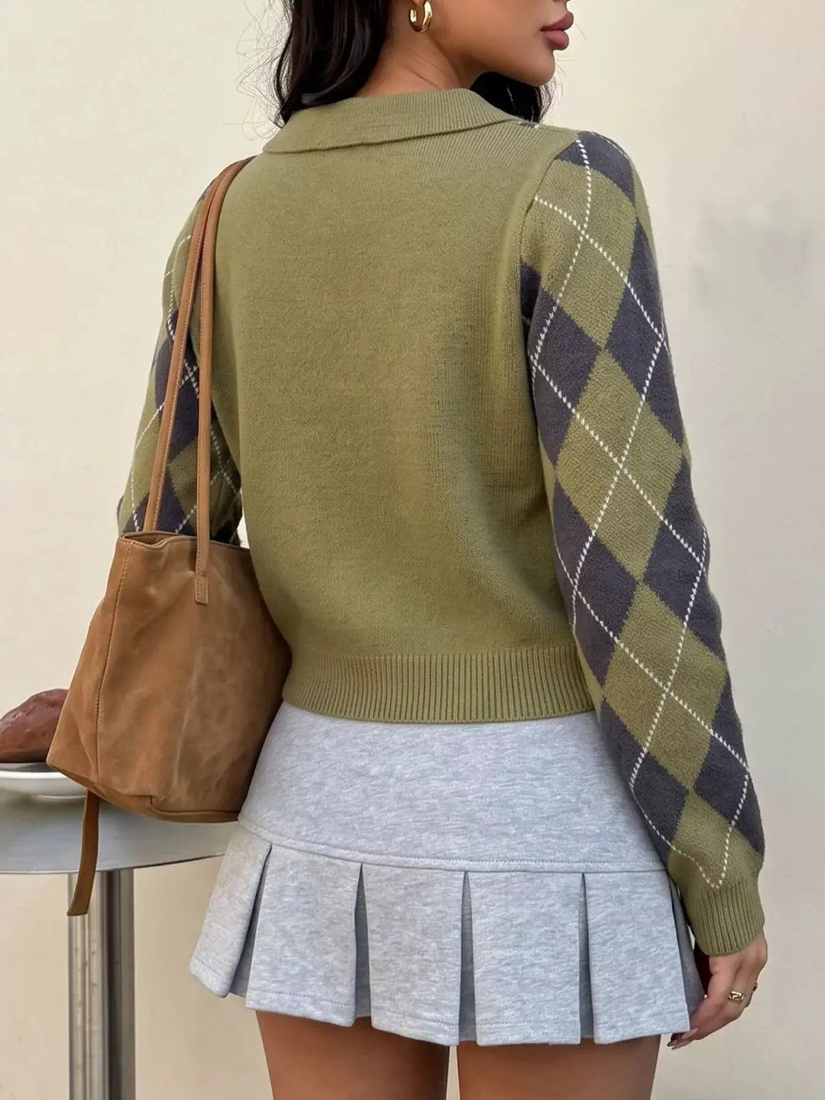 Green Argyle Button Front Collared Cropped Sweater - Bitsy Gypsy Boutique