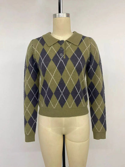 Green Argyle Button Front Collared Cropped Sweater - Bitsy Gypsy Boutique