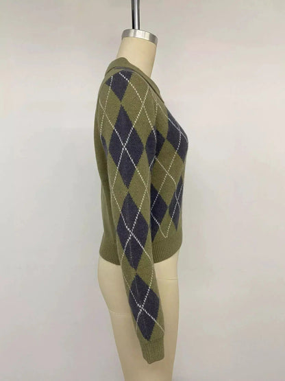 Green Argyle Button Front Collared Cropped Sweater - Bitsy Gypsy Boutique