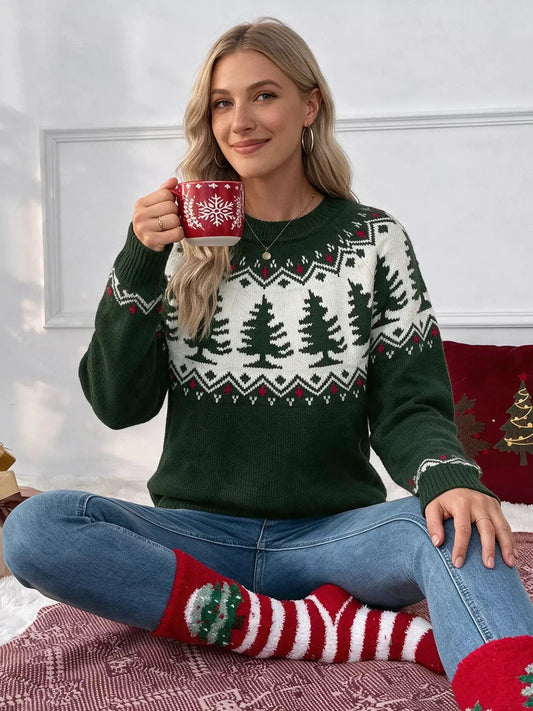 Green Christmas Tree Pattern Round Neck Sweater - Bitsy Gypsy Boutique