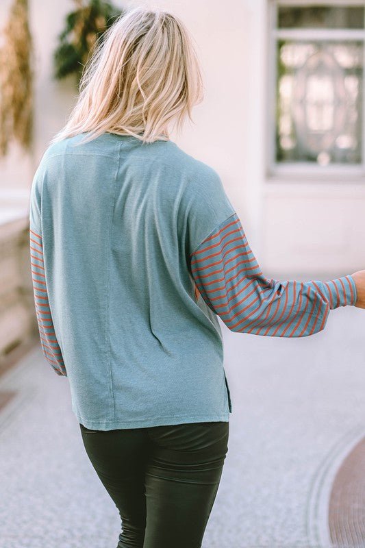 Green Colorblock Striped Bishop Sleeve Top - Bitsy Gypsy Boutique