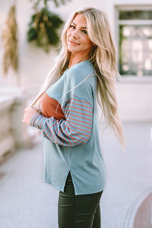 Green Colorblock Striped Bishop Sleeve Top - Bitsy Gypsy Boutique