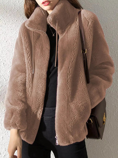 Green Faux Fur Stand-Collar Zip-Up Jacket Plus Size - Bitsy Gypsy Boutique