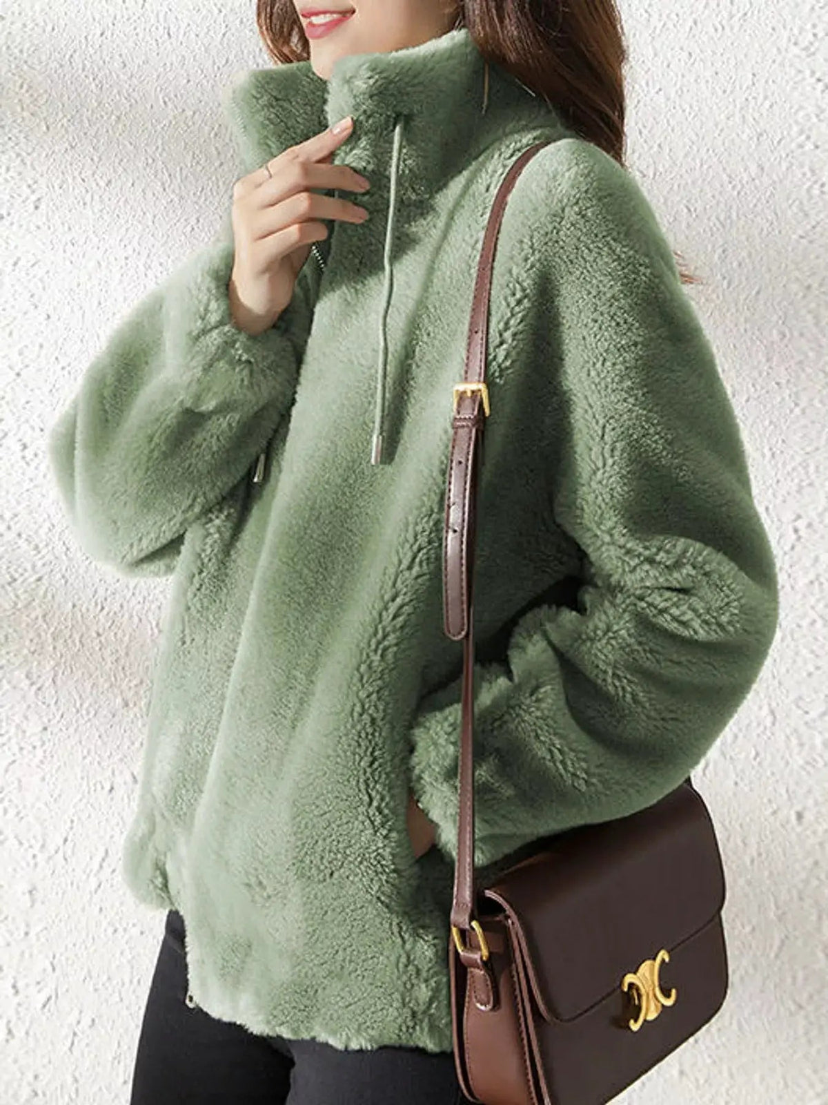 Green Faux Fur Stand-Collar Zip-Up Jacket Plus Size - Bitsy Gypsy Boutique