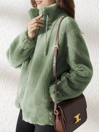 Green Faux Fur Stand-Collar Zip-Up Jacket Plus Size - Bitsy Gypsy Boutique
