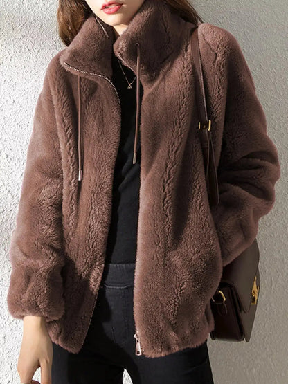 Green Faux Fur Stand-Collar Zip-Up Jacket Plus Size - Bitsy Gypsy Boutique