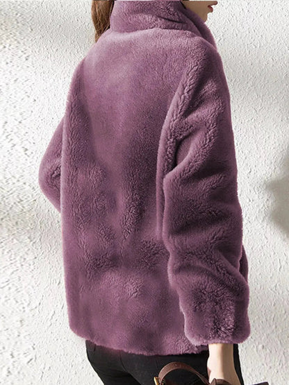 Green Faux Fur Stand-Collar Zip-Up Jacket Plus Size - Bitsy Gypsy Boutique